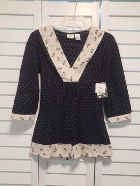 Navy Polka Dot Tunic with Cream Floral Trim
